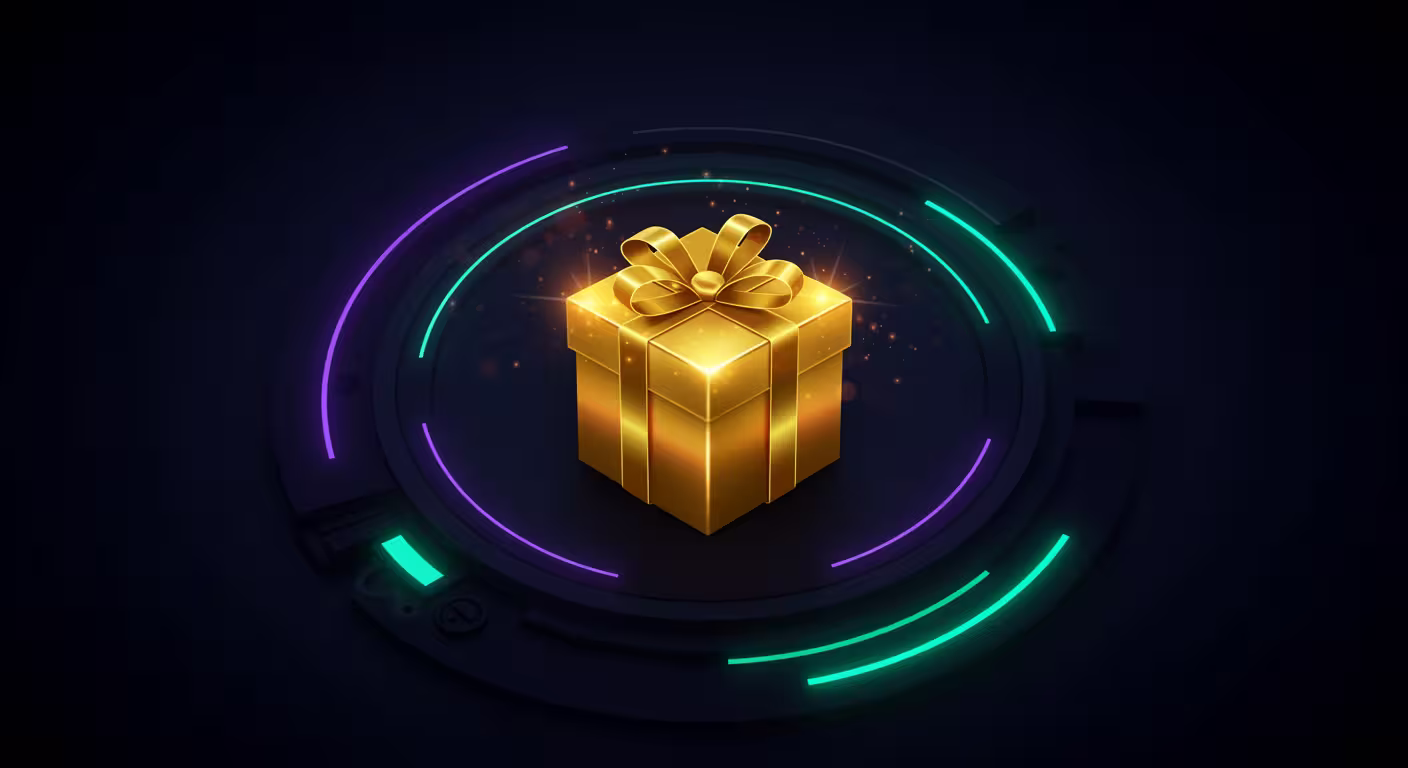 Golden gift box with radiant ribbon